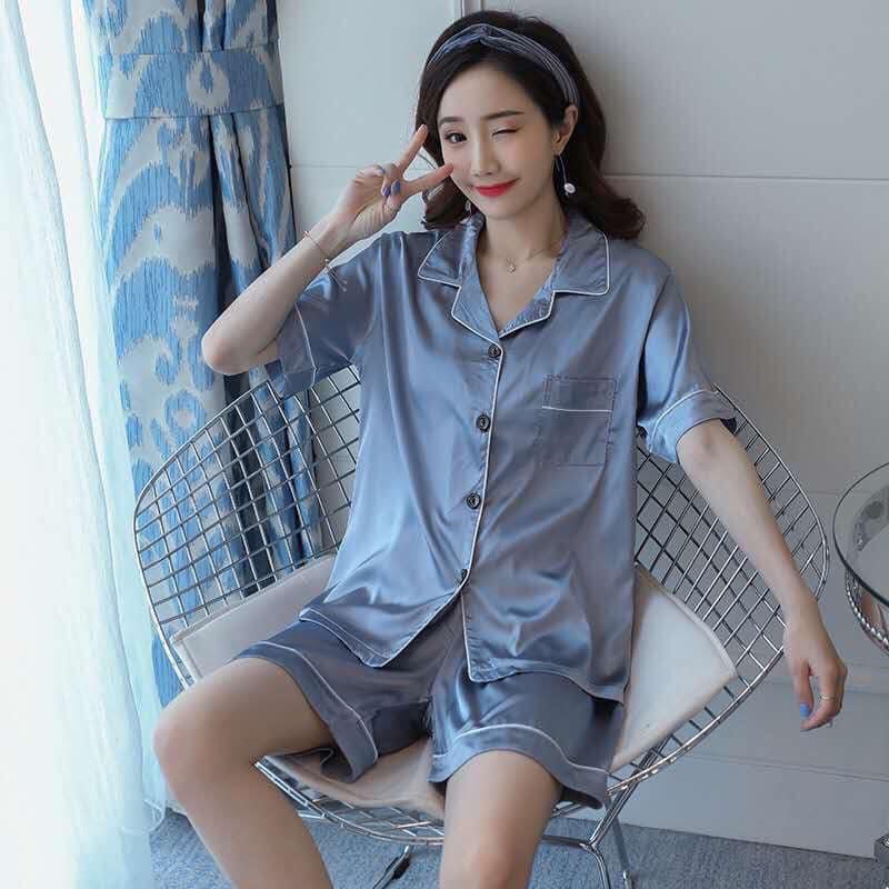SMILE-SHOP-ชุดนอนแฟชั่นเกาหลี，Womenผ้าไหมน้ำแข็ง.เสื้อแขนสั้น+กางเกงขาสั้น