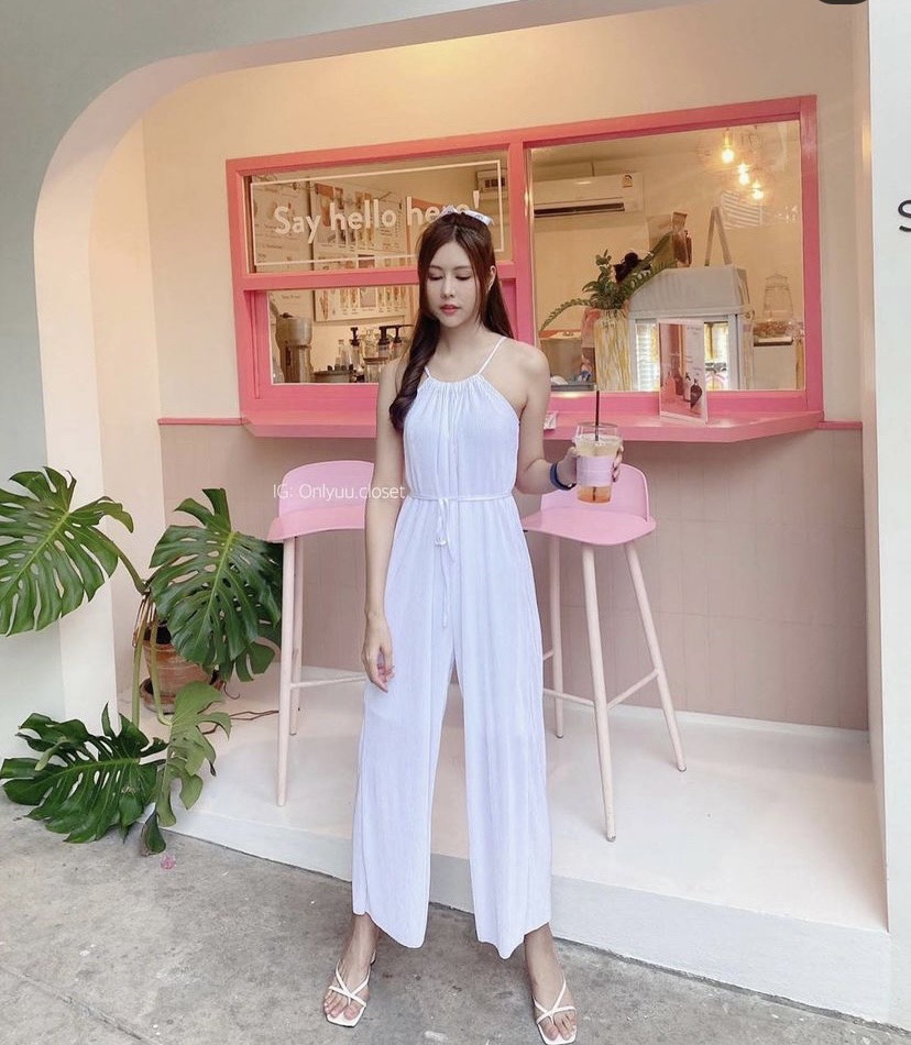 จั๊มสูทงานพลีท Pleat Jumpsuit  จั้มสูทอัดพลีทพาสเทลน่ารัก นางแบบใส่งานจริง จั๊มสูทผู้หญิงอวบใส่ได้สวยน่ารัก