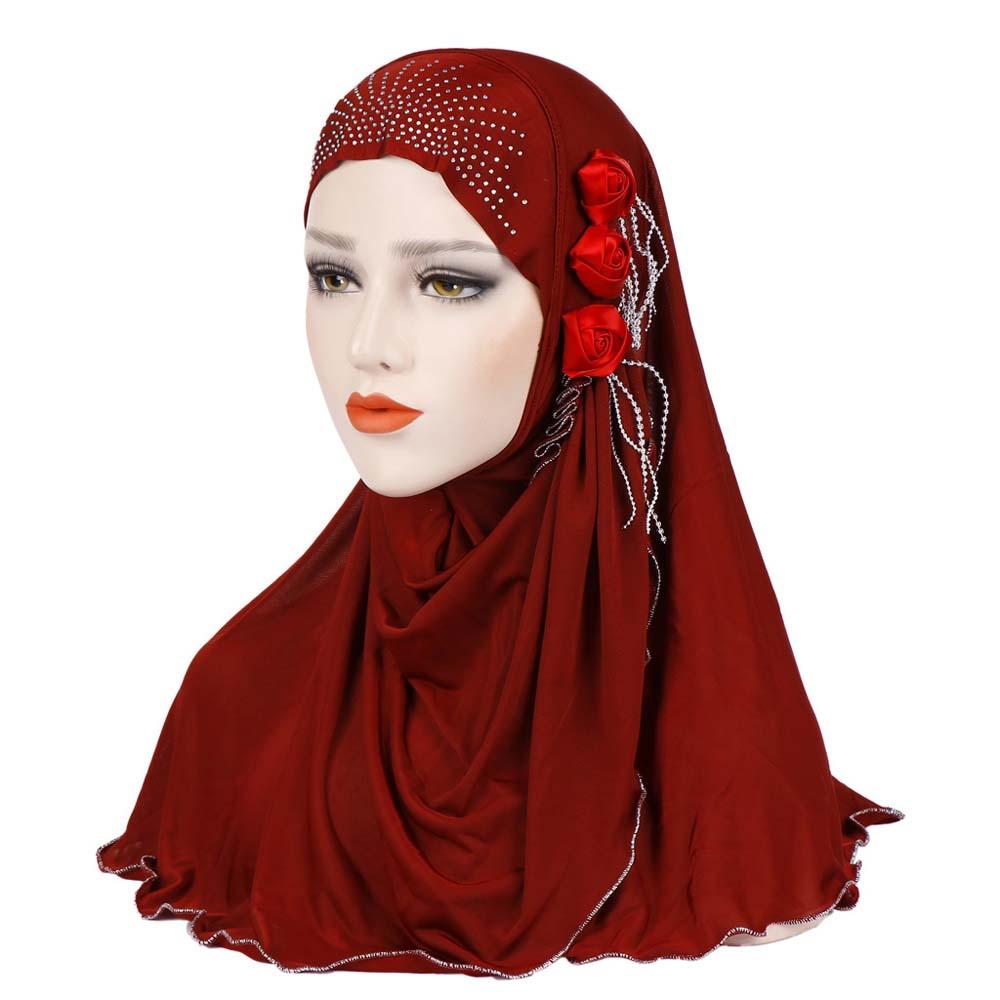 CREAMSD นุ่มแฟชั่นสีทึบดอกไม้คริสตัลอิสลามมุสลิมหัวผ้าพันคอฮิจาบสตรี