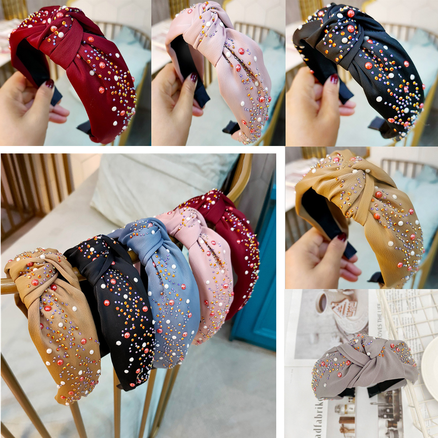 F8C503Y Women Comfortable Luxury Jeweled Fashion Vintage Broad-edged Diamond Knotted Headband Embellished Top Rhinestone Broad Edge Headband Comfy Soft Fabric Top Knot