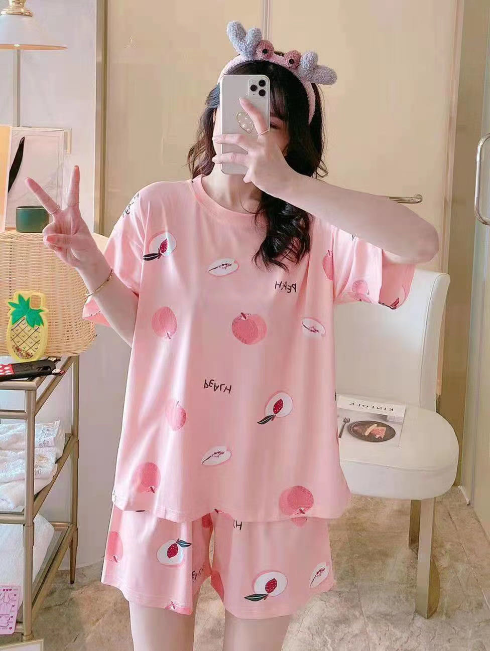 2021 ชุดนอนการ์ตูนน่ารักเกาหลีของผู้หญิงฤดูร้อนสั้นหลวมนักเรียนใหม่แขนสั้นชุดนอน / ใส่อยู่บ้านHome service pajamas set