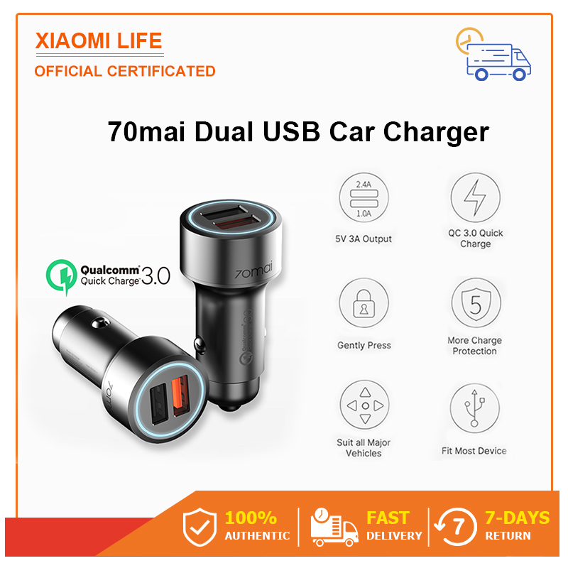 Xiaomi Mi Car Charger Dual USB Quick  Car Charge Max 37W Fast Charge ชาร์จเร็ว USB คู่ ตัวบ่งชี้ที่นำ LED การป้องกันความปลอดภัย เข้ากันได้กับ ios และ android