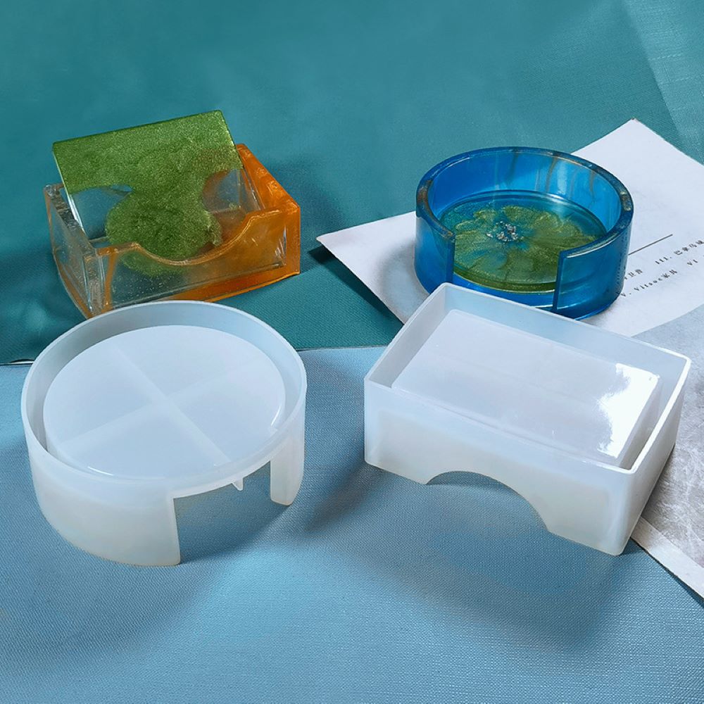 POUKL DIY Epoxy แม่พิมพ์วงกลมชุดจานรองแก้วคริสตัลกล่องเก็บของถ้วยเสื่อแม่พิมพ์ซิลิโคนแม่พิมพ์ที่รองแก้วแม่พิมพ์เรซิน