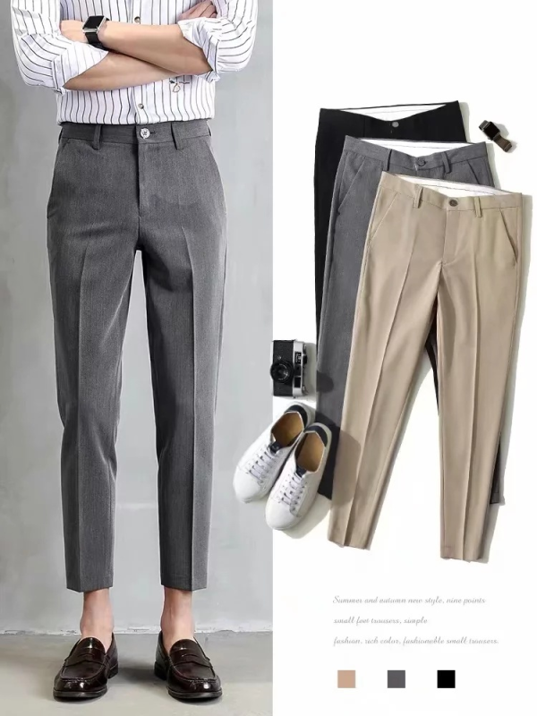 YS | Fashion Casual Slacks Cropped Pants X201 slim fit trousers กางเกงสแล็คชาย สามสี สีดำ สีเทา กากี size 28~34