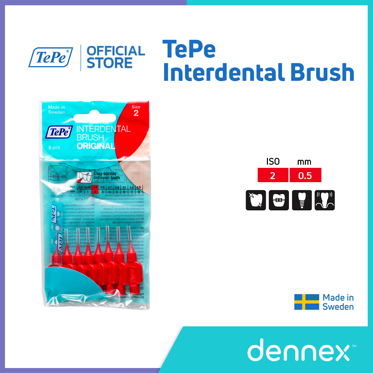TePe Interdental Brush แปรงซอกฟัน ขนนุ่ม แปรงซอกฟันเทเป้ อินเทอร์เด็นทัล บลัช รุ่นออริจินัล แพ็ค 8 ชิ้น By Dennex