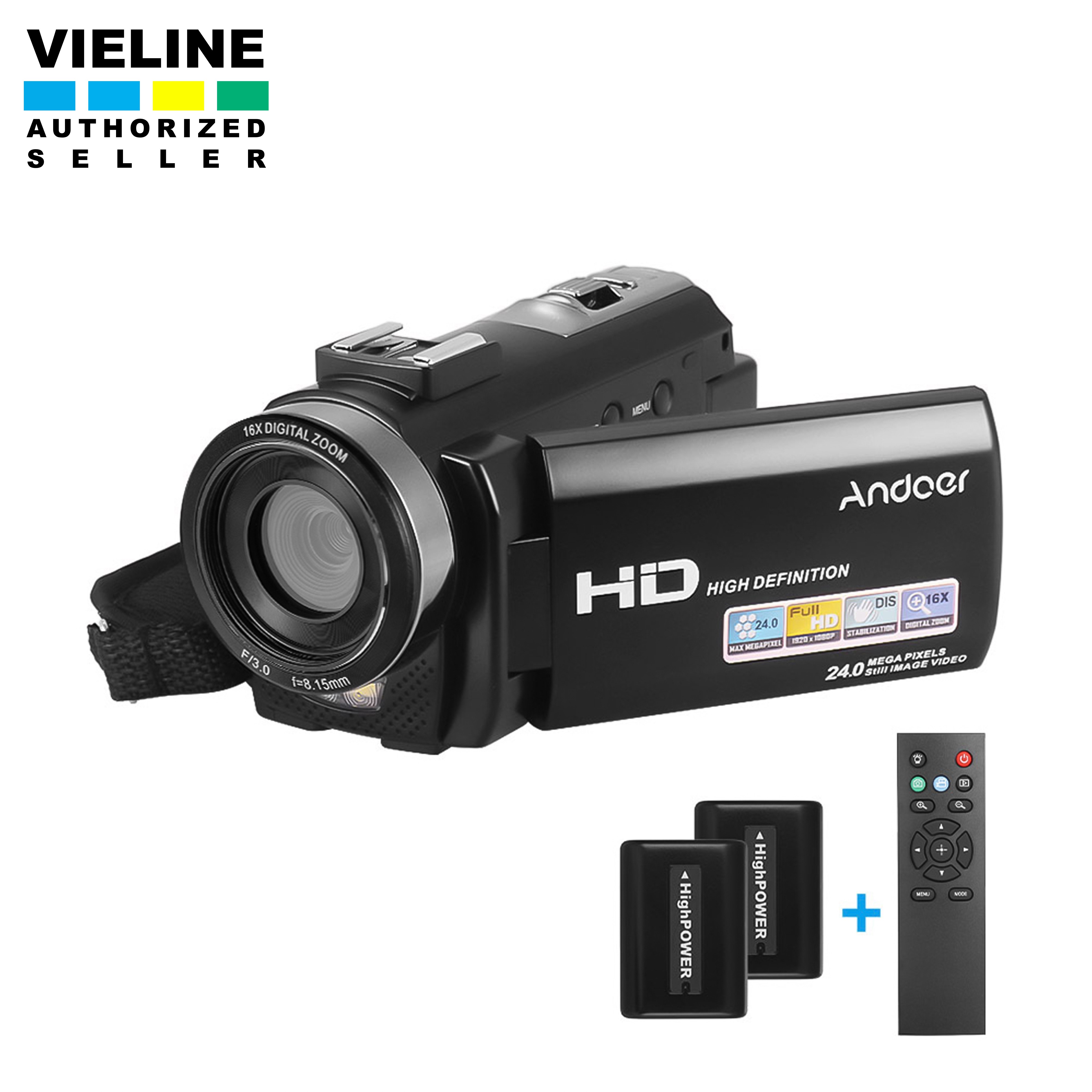 Andoer HDV-201LM 1080 จุด FHD กล้องวิดีโอดิจิตอลกล้องบันทึก DV 24mp 16X ซูมดิจิตอล 3.0 นิ้วหน้าจอแอลซีดีที่มี 2 ชิ้นแบตเตอรี่แบบชาร์จไฟ + พิเศษ 0.39x เลนส์มุมกว้าง + ไมโครโฟน