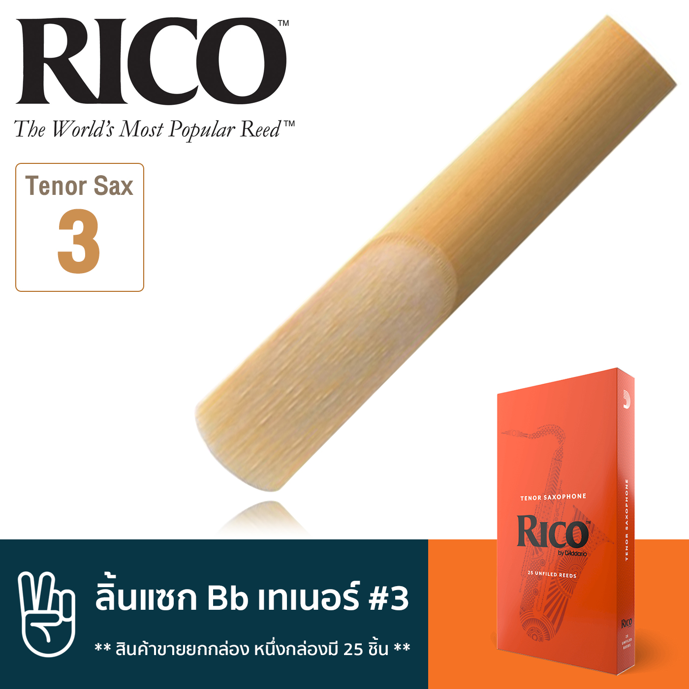 หนังสือและเครื่องดนตรี Rico RKA2530 ลิ้นแซกโซโฟน เทเนอร์ เบอร์ 3 จำนวน 25 ลิ้น ( ลิ้นเทเนอร์แซก เบอร์ 3 , Bb Tenor Sax Reed #3) ** สินค้าขายยกกล่อง หนึ่งกล่องมี 25 ชิ้น ** ราคา 3,584 บาท*ส่งฟรี