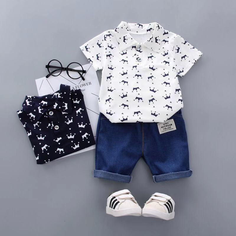 Babyonline(Y141)K6ชุดเซ็ตเสื้อคอปก+กางเกงลายมงกุฎ