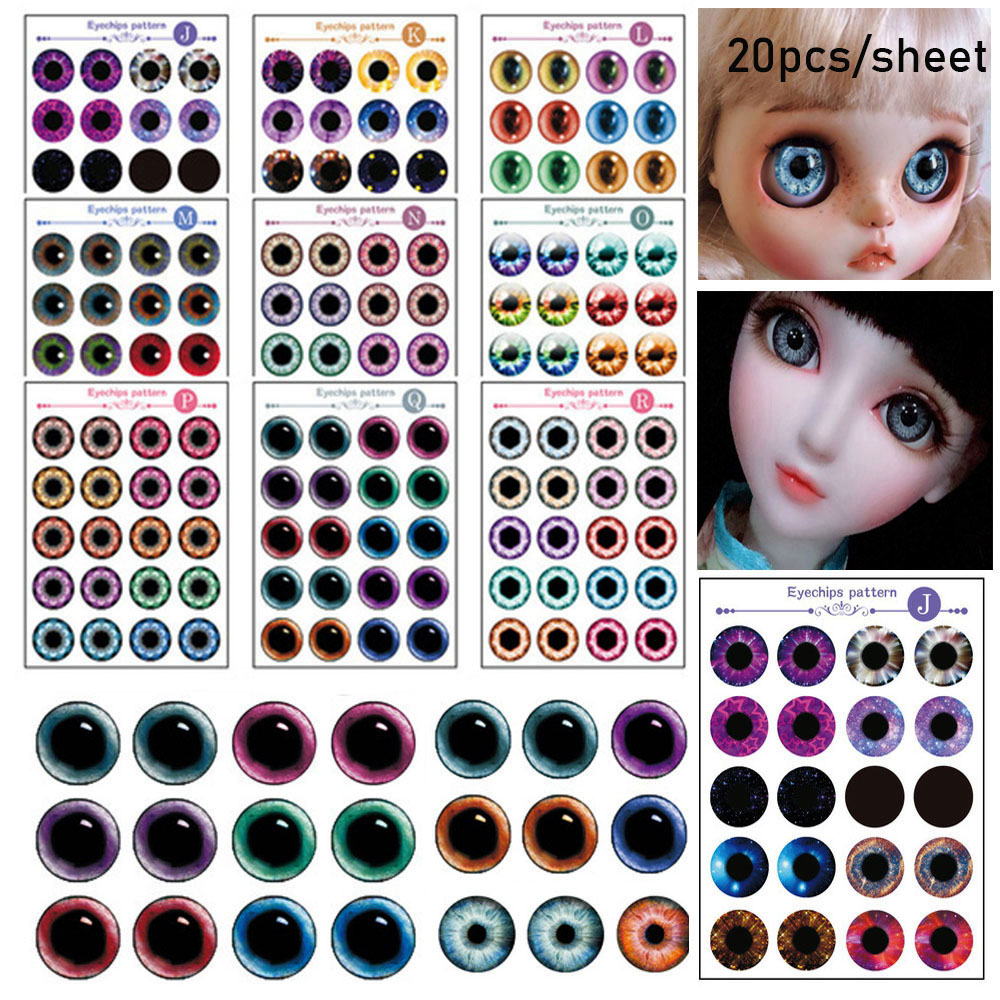 LONGZHU1 20pcs/sheet 14mm Thin Glass Eyeball Accessories Funny Paper Transparent Dolls Eyechips Pattern Doll Eyes Eye Chips