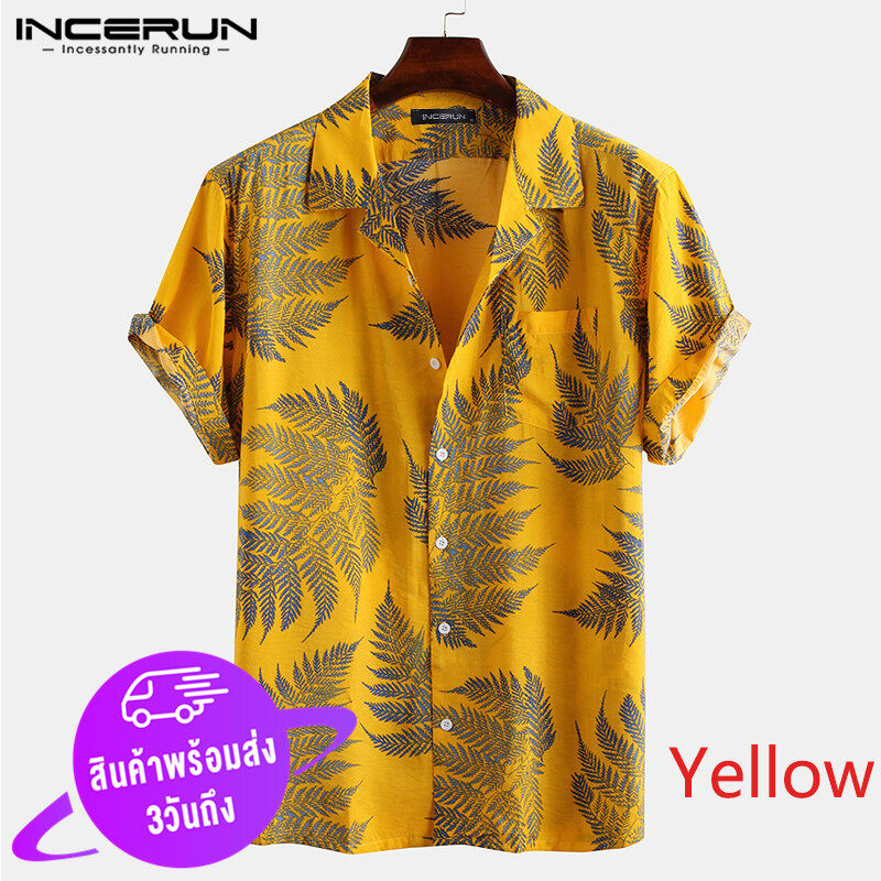 (Western Style) INCERUN ผู้ชายแขนสั้นผ้าฝ้ายเสื้อลายพิมพ์เสื้อลำลองHawaiian Beachเสื้อยืดสตรี