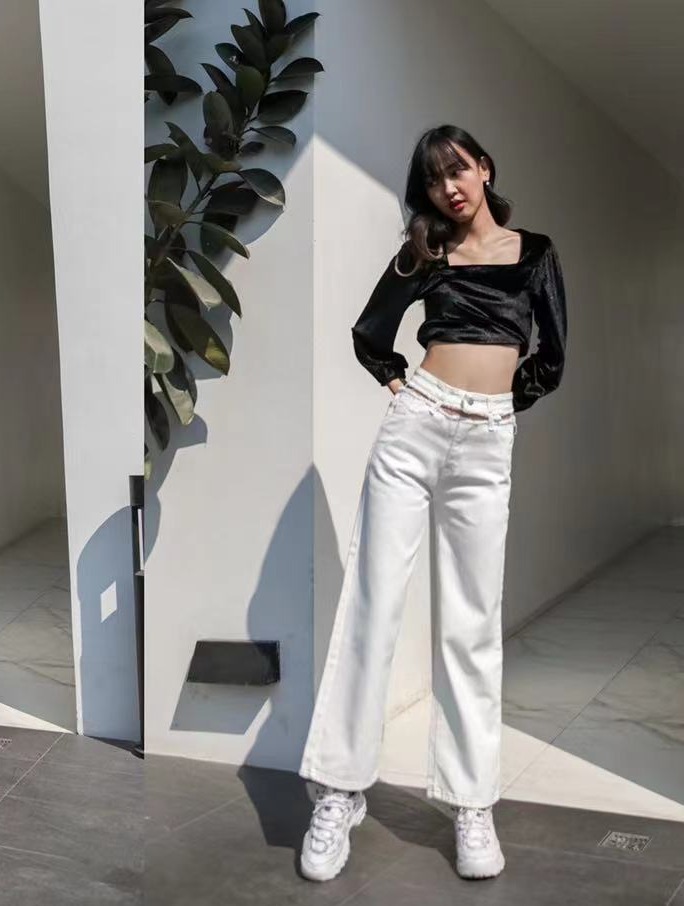 NHH Cowboy jeans women pant เสื้อผ้าแฟชั่นเกาหลี กางเกงยีนส์ ผญ2020 แฟชั่น ยีนส์เอวสูง สีอ่อน ยีนส์ผู้หญิง เกงยีนขากระบอก