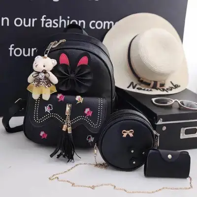 Aic กระเป๋าแฟชั่นเกาหลี กระเป๋าเป้สะพายหลัง + กระเป๋าสตางค์ผู้หญิง + กระเป๋าสะพายข้าง + พวงกุญแจหมี เซ็ต 4 ใบ - FASHION (1)