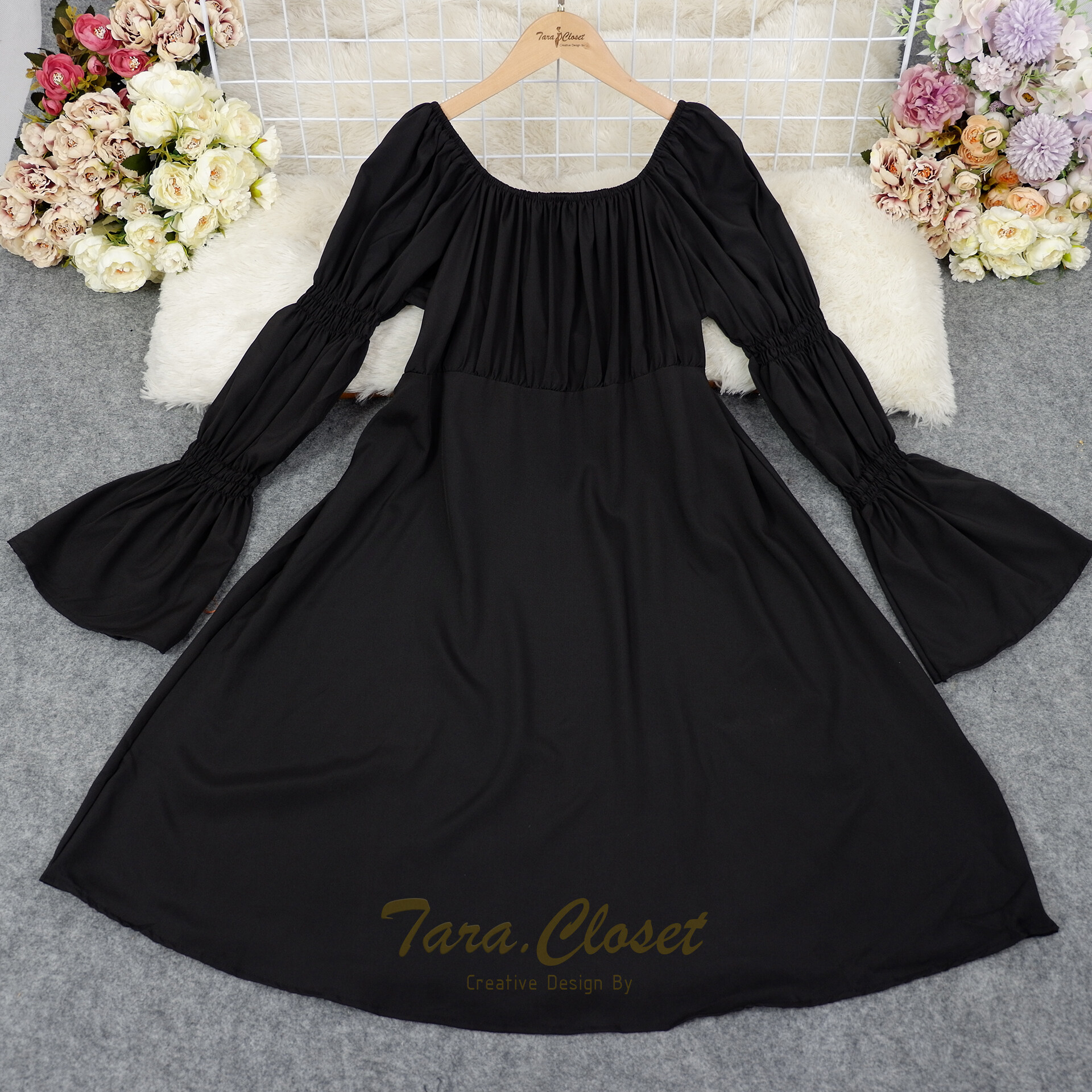 PE060 TARA Dress Bigsize ชุดเดรสญาญ่า คอเหลี่ยม ปาดไหล่ แขนยาว สม็อกแขน เนื้อผ้าไหมอิตาลี ผ้าเบาพริ้ว สวย ใส่สบาย