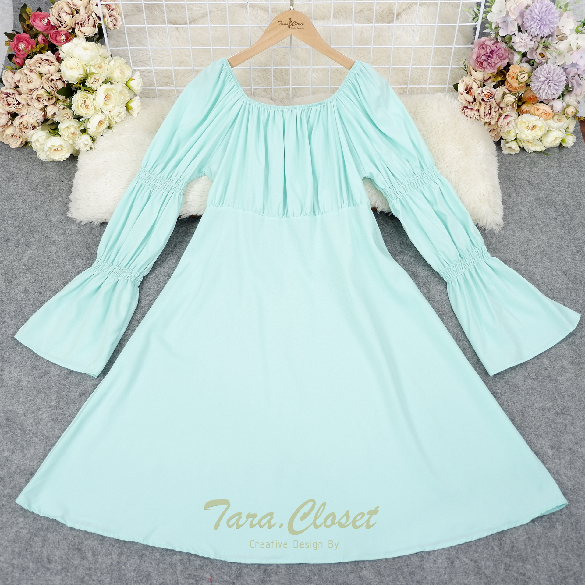 PE060 TARA Dress Bigsize ชุดเดรสญาญ่า คอเหลี่ยม ปาดไหล่ แขนยาว สม็อกแขน เนื้อผ้าไหมอิตาลี ผ้าเบาพริ้ว สวย ใส่สบาย