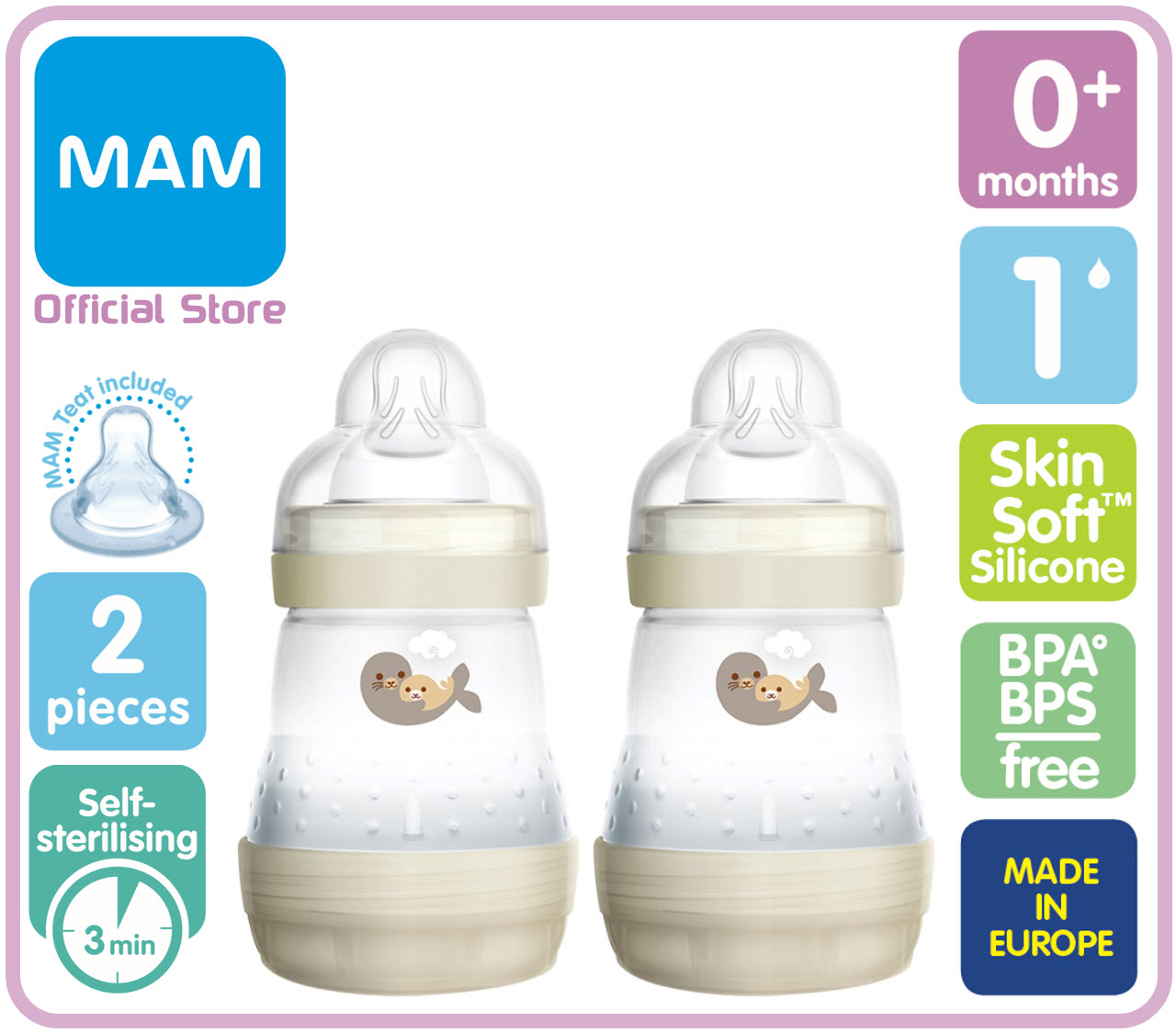 MAM ขวดนม ป้องกันโคลิค Anti-Colic Bottle 5.5 ออนซ์ (160ml) จุกเบอร์ 1 (แพ็ค 2 ขวด) มี 3 สี