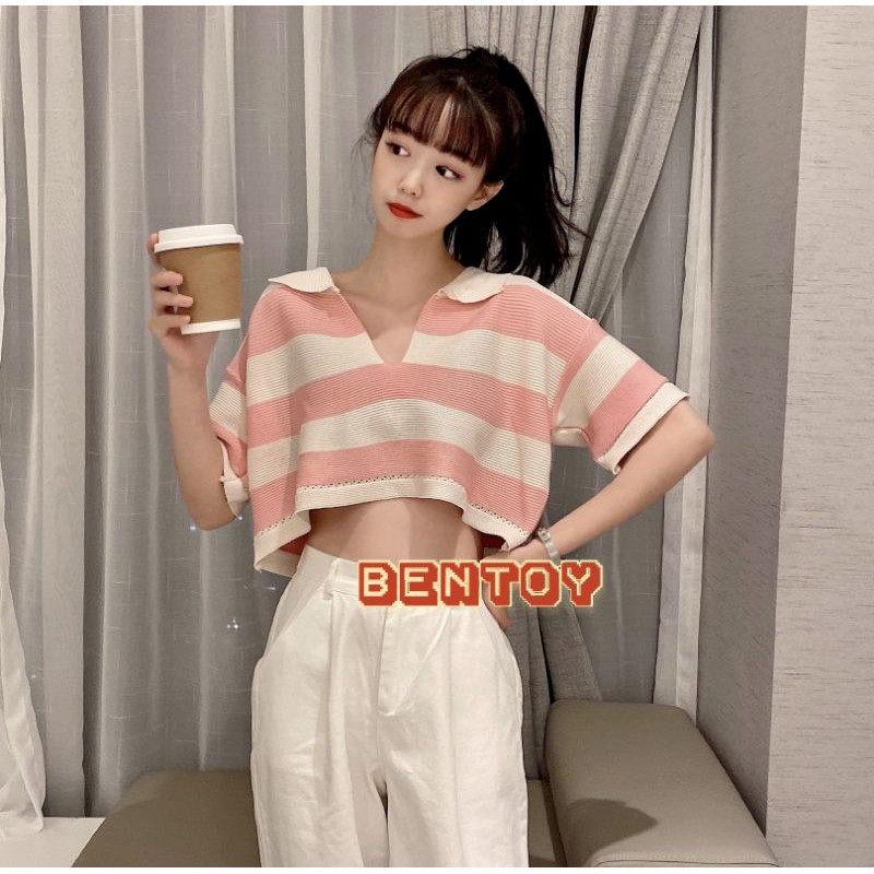 ✺✹❒  Bentoy*พร้อมส่ง*เสื้อครอปคอปกหน้าวีลายทางแขนสั้นสุดฮิตNO.5958-1