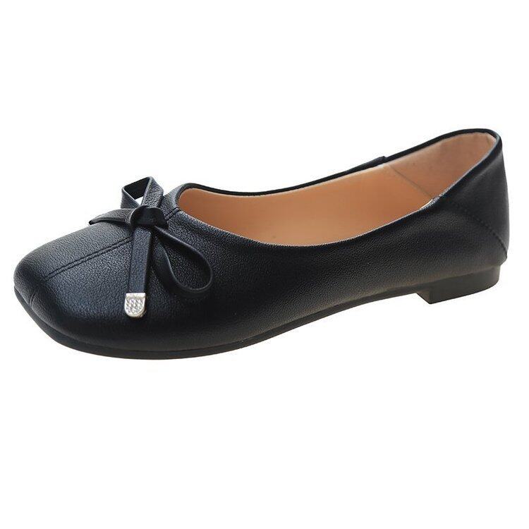 Bowknot Peas รองเท้าผู้หญิง รองเท้าส้นแบนหัวเหลี่ยม รองเท้าผู้หญิงแฟชั่น