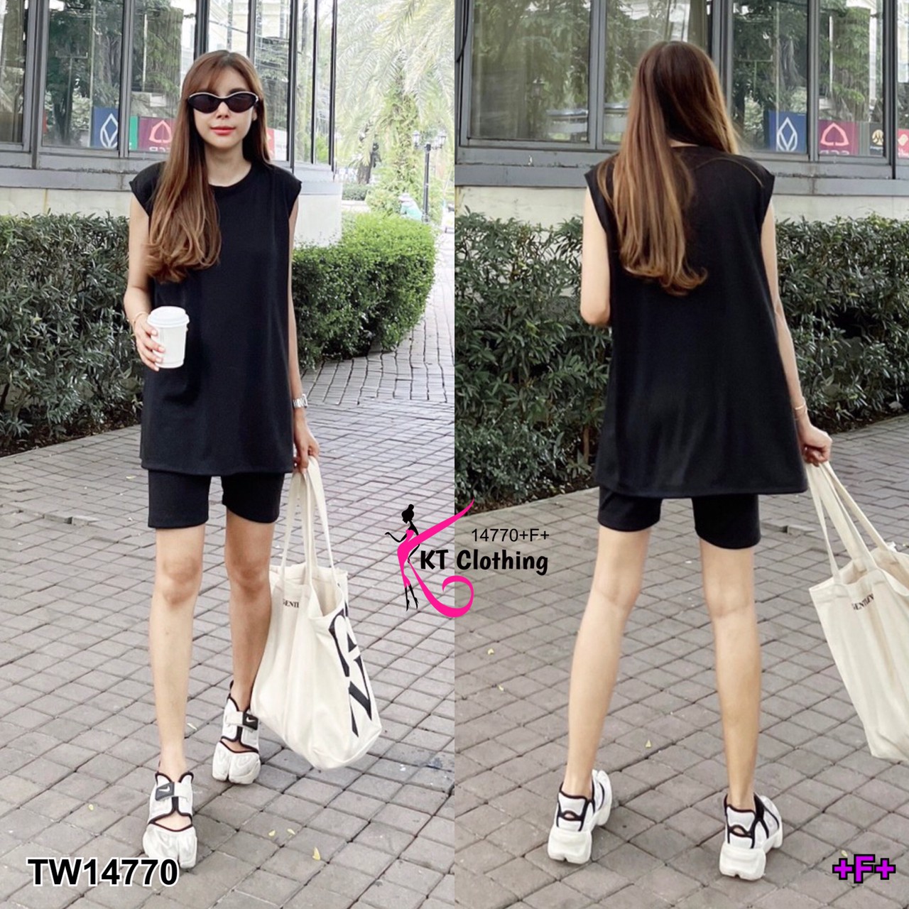 TW14770  Set 2 ชิ้น เสื้อคอกลมแขนล้ำ+เลคกิ้งขาสั้น