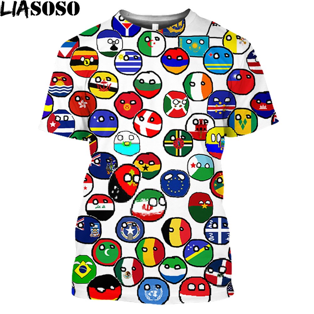 LIASOSO Polandball Graphic Countryballs Print T Shirt For Men Africa RUSSIA UK India Middle East Iraq Toys Cosplay Anime Clothes