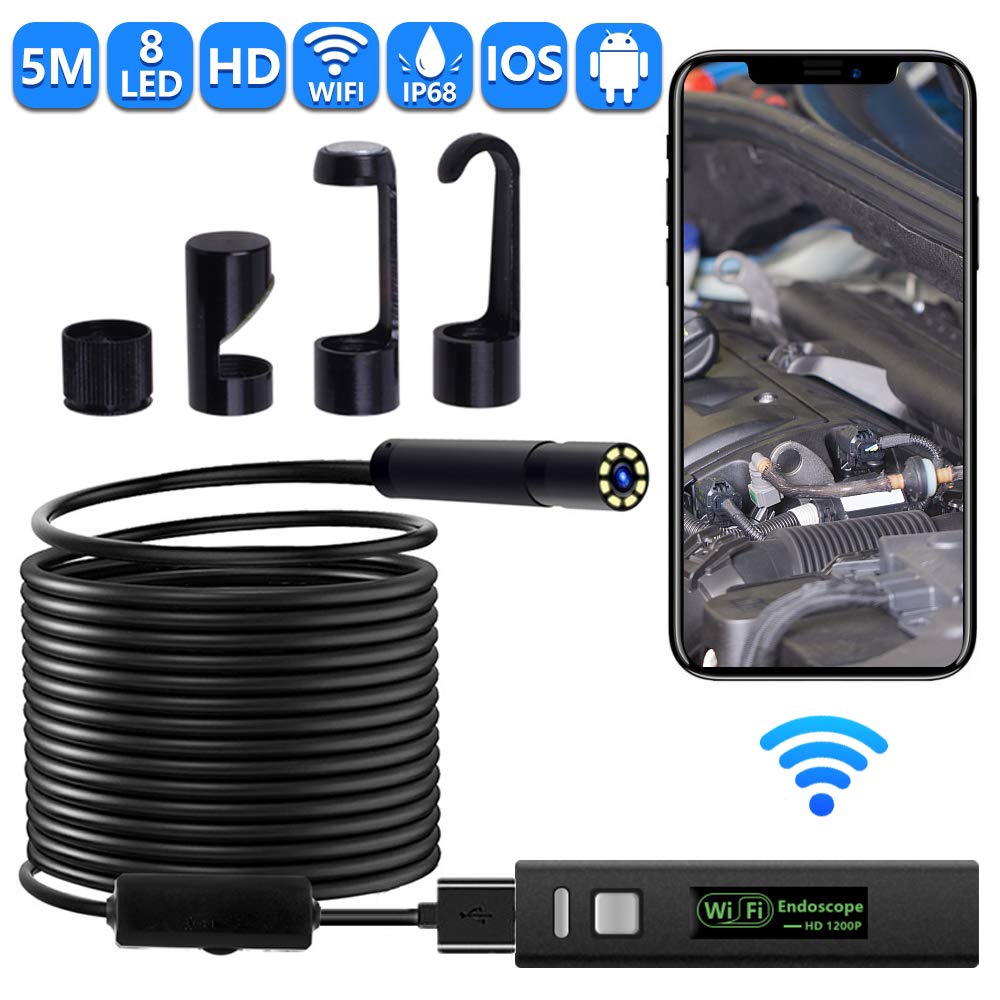 【สายไฟ】5M WiFi Borescope 2MP 1080P HD Semi-Rigid กล้องงูกล้องวิดีโอไร้สายรถซ่อมเครื่องมือ IP68กันน้ำสำหรับ iPhone Android แท็บเล็ตมอเตอร์เครื่องยนต์ท่อระบายน้ำตรวจจับยานพาหนะ (16.5FT)-Black01