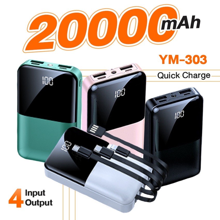 พาวเวอร์แบงค์ 20000mAh มีสายในตัว Power Bank ของแท้ 100% Fast Charge 3.0 แบตเตอรี่สำรอง Micro USB IPhone Type-C