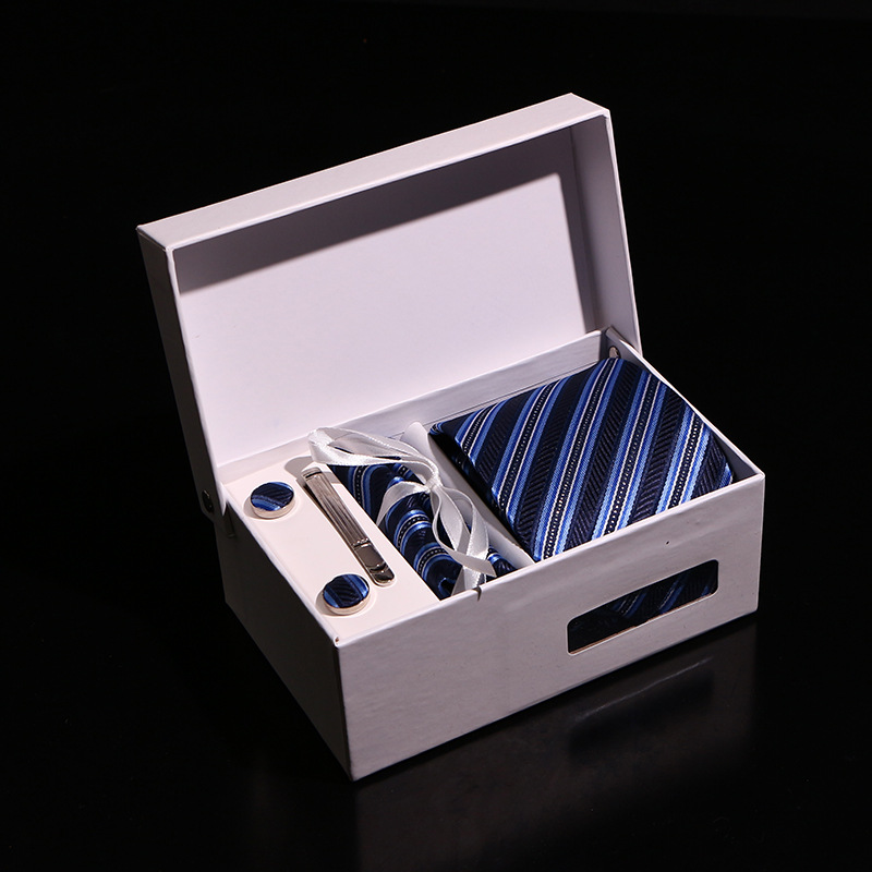 New Spot Gift Box 6-piece Set of Polyester Silk Jacquard Striped Tie Business Suit Wedding Special Exquisite White Gift Box