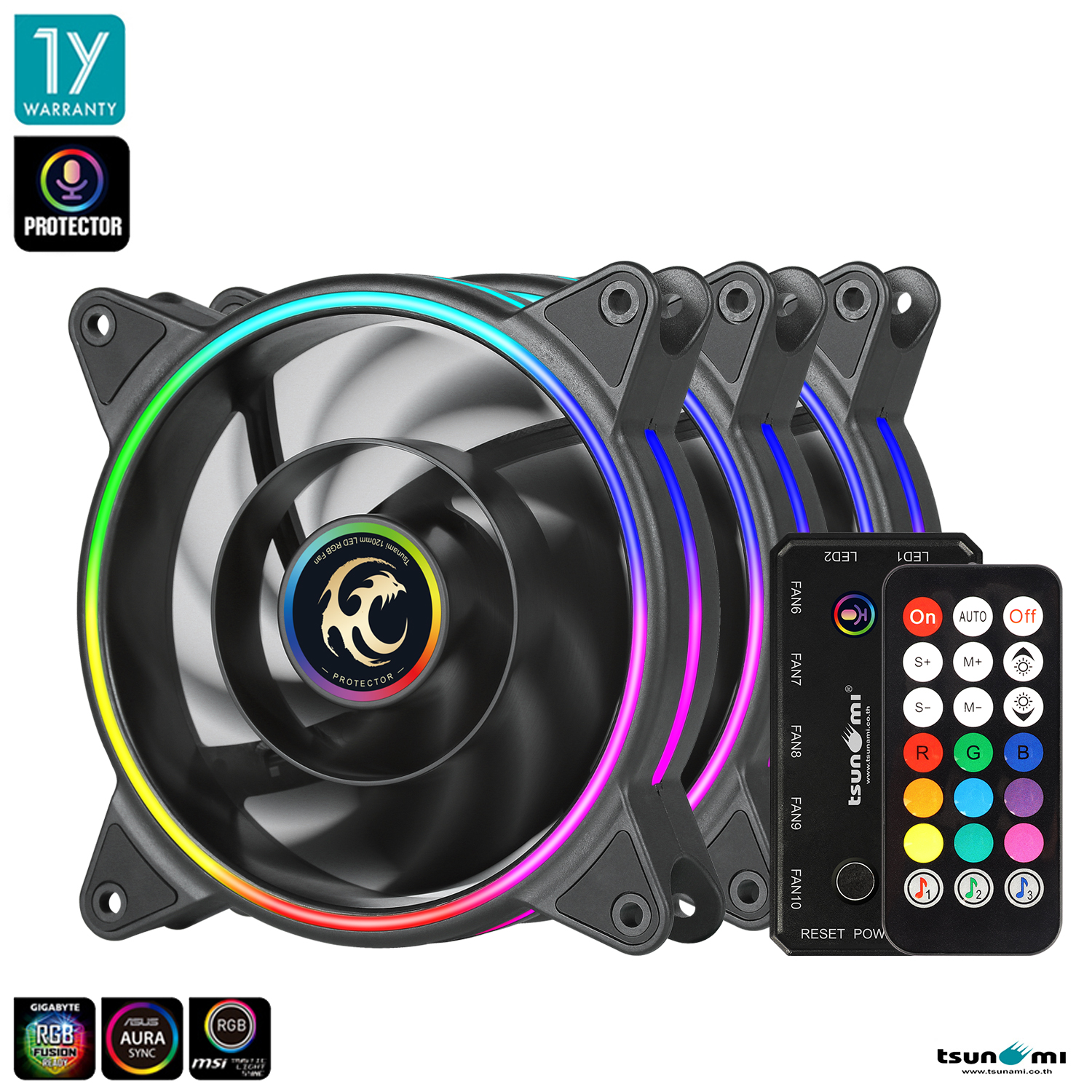 Tsunami Protector 1250 (ARGB Ready) 12CM Multi-Functional Sound Sync Cooling Fan Pack*3 with Hub & Remote