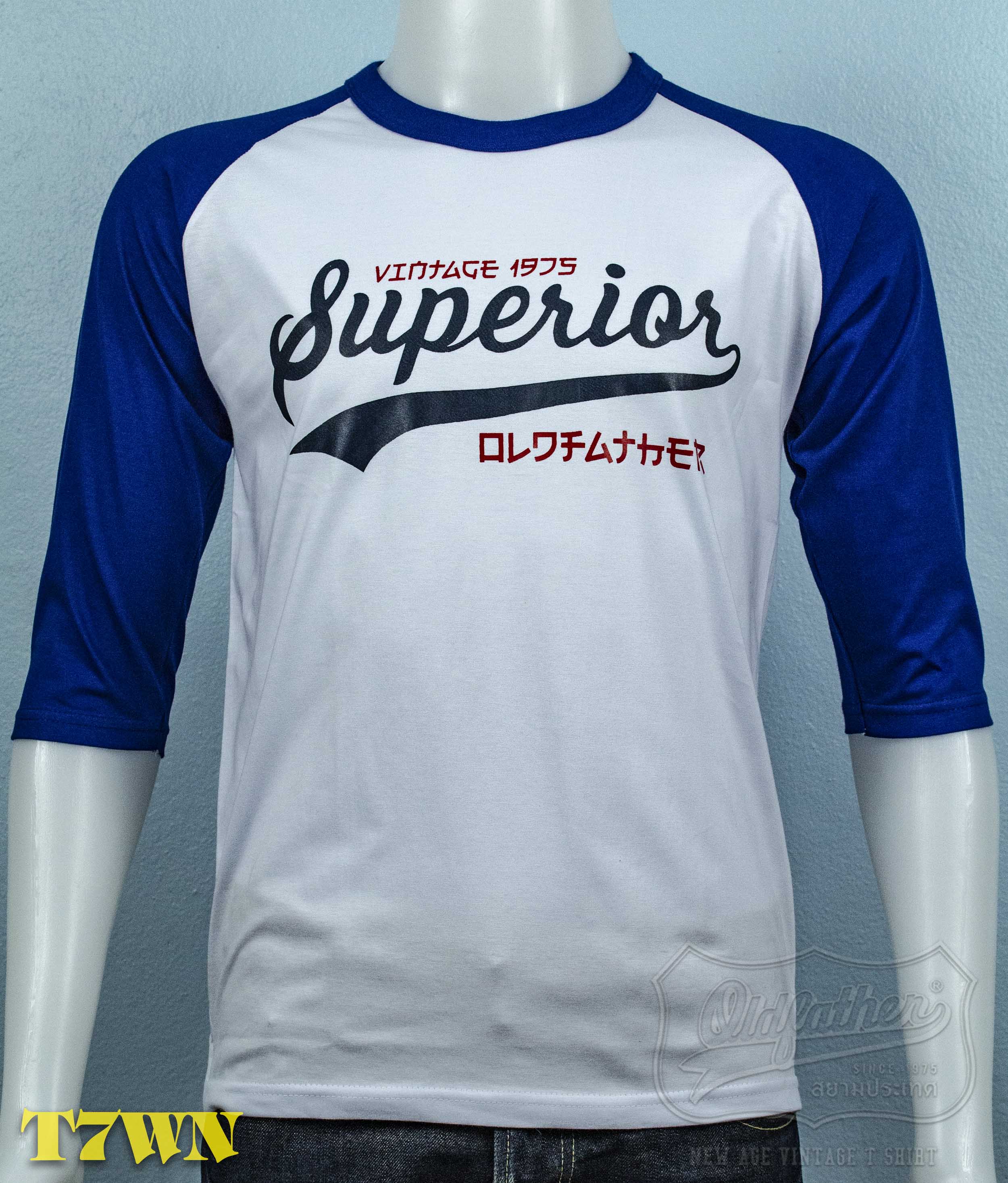 T 7 เสื้อแขนสามส่วนวินเทจ สกรีน Superior JP 1975 Vintage