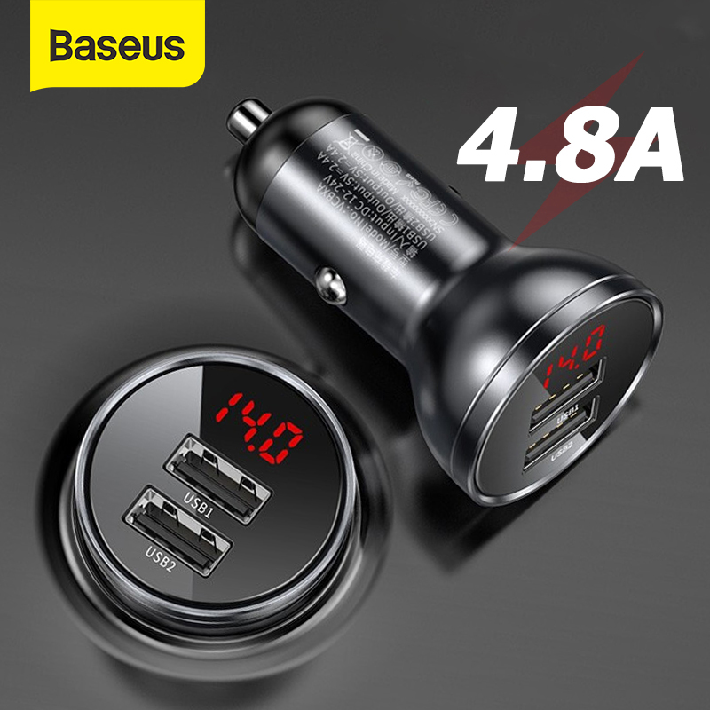 BASEUS 24W 4.8A เครื่องชาร์จในรถยนต์โลหะ USB คู่จอแสดงผล LED ชาร์จไฟในรถได้อย่างรวดเร็ว