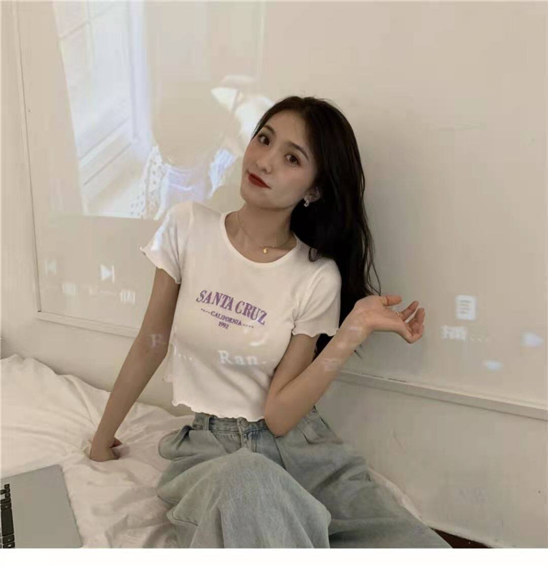 Aone(พร้อมส่ง/88017)เสื้อยืดผู้หญิงฤดูร้อนแขนสั้น 2021 สไตล์ใหม่ลมน้ำแข็งผ้าไหมเอวสูงลดน้ำหนักเสื้อครอปเสื้อผ้าผู้หญิง