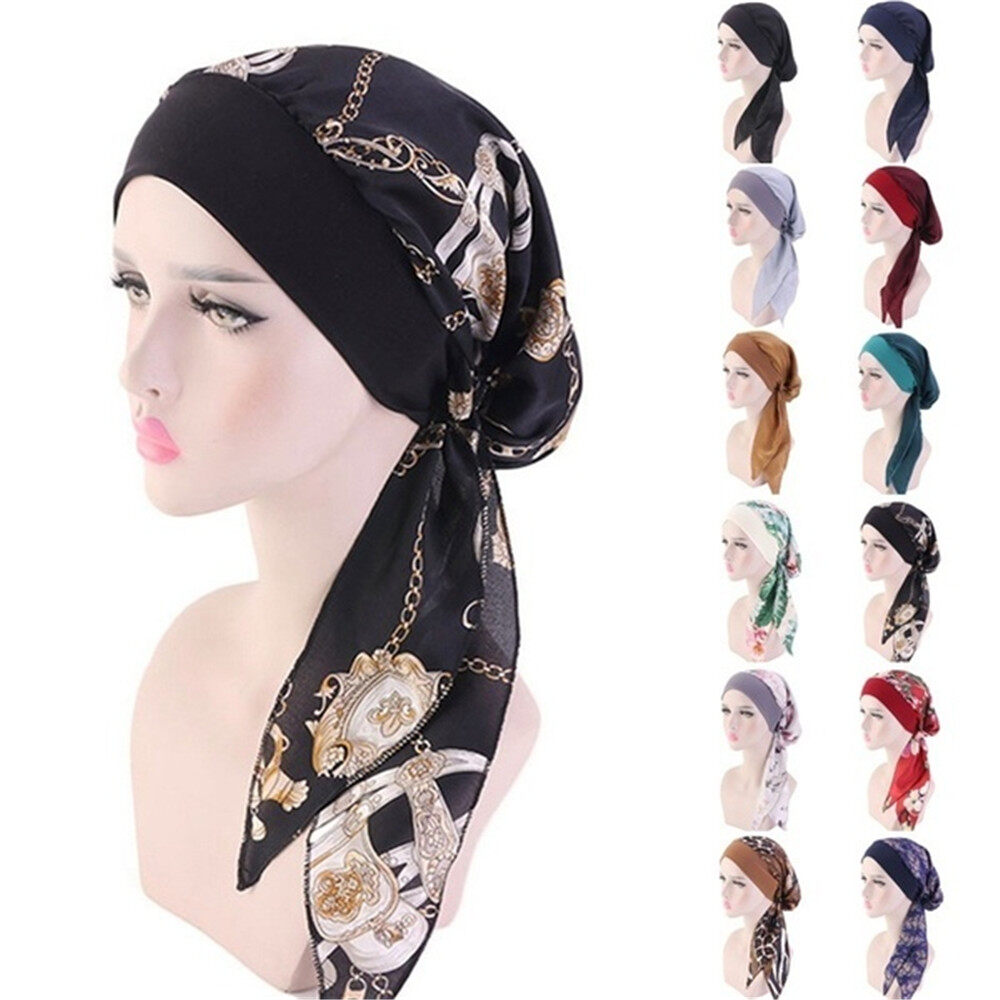 NARGANG89 Women Elastic Pre-Tied Printed Cancer Head Scarf Chemo Pirate Cap Hair Loss Hat Muslim Turban