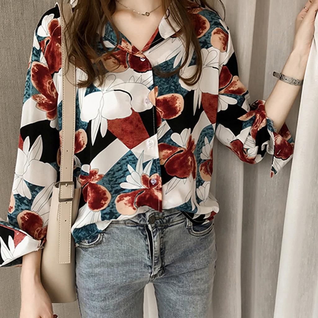 Y_Fashion Women Top Chic Lapel Shirt  Printing Long Sleeve Loose Blouse