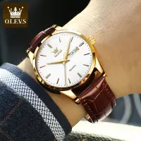 Olevs Watches Men Brown Leather Watch Quartz Date Wrist Watch Male Business Jam Tangan Lelaki Original Men