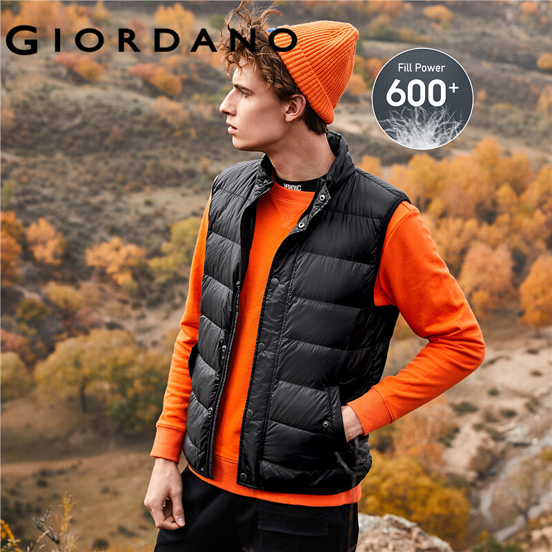 Giordano ผู้ชายเสื้อซักด้วยเครื่องซักผ้าได้น้ำหนักเบา90% เป็ดสีเทาเสื้อกั๊กคอ Flap กระเป๋าเสื้อจัดส่งฟรี13070836