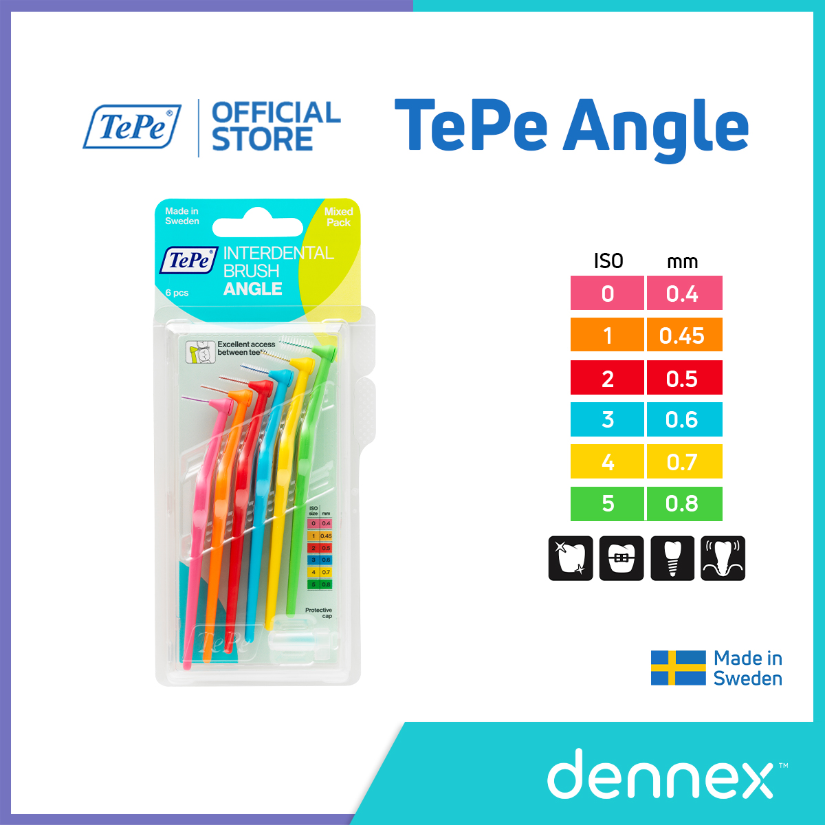 TePe Angle แปรงซอกฟัน ด้ามยาว แปรงซอกฟันเทเป้ แองเกิ้ล คละสี แพ็ค 6 ชิ้น by Dennex