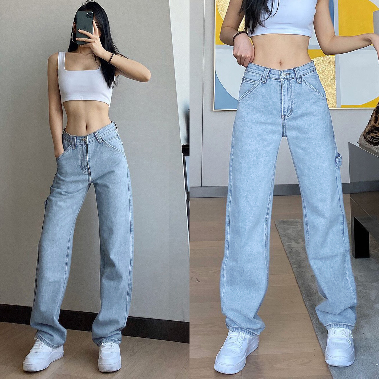 มุมมองเพิ่มเติมเกี่ยวกับ 【S/M/L/XL】Girls jeanswaist jeans female straight old pants 2021 new Hong Kong taste ตาข่ายสีแดงกางเกงยีนส์เอวสูงหญิงกางเกงเก่าตรง ใหม่ฮ่องกงรสชาติผ้าม่านกว้างกางเกงขา