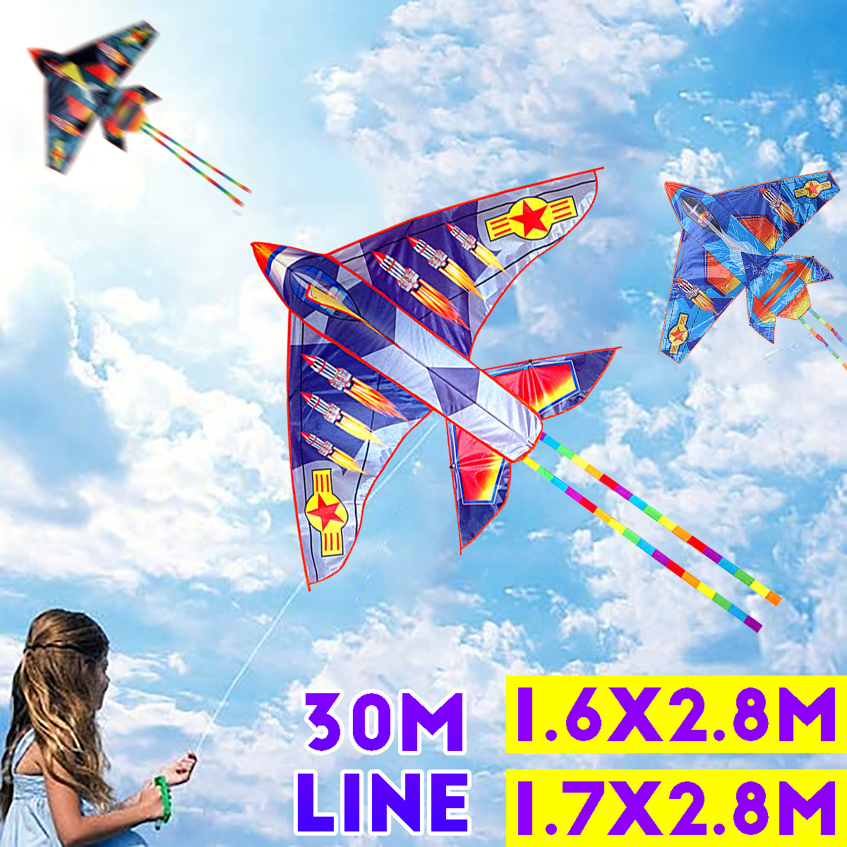 2สี3D 30Mสายสีฟ้าสีเทาเครื่องบินKitesกีฬาชายหาดเด็กเชือกเล่นว่าวและStringของเล่นว่าวบินสำหรับกลางแจ้ง