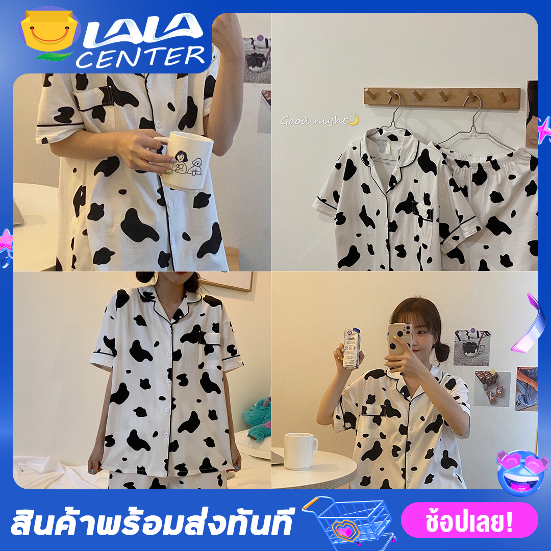 LALACENTER ชุดนอนผู้ญิง?คอตตอนแขนยาว ขายาวผ้านุ่ม ลายจุดสีดำสุดเก๋ ใส่ได้ทั้งหญิงและชาย Free Size อก40-42 ยาว26 ความยาวเเขน20 ใส่ได้สบาย พร้อมส่ง