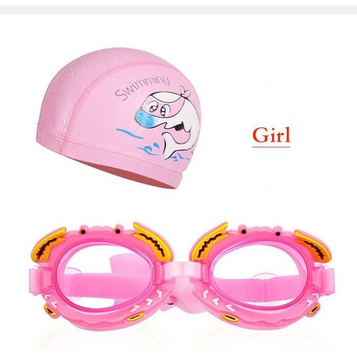 ชุดหมวกว่ายน้ำ + แว่นตาว่ายน้ำ สำหรับเด็ก ผู้หญิง ผู้ชาย ลายโลมาน่ารัก มีให้เลือก 4 สี