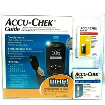 Accu-Chek Guide เครื่องตรวจน้ำตาลในเลือดแบบไร้สายและอุปกรณ์เจาะเลือด (แถมฟรี แถบตรวจน้ำตาล 25 ชิ้น + เข็มเจาะเลือด 24 ชิ้น มูลค่า695.-)