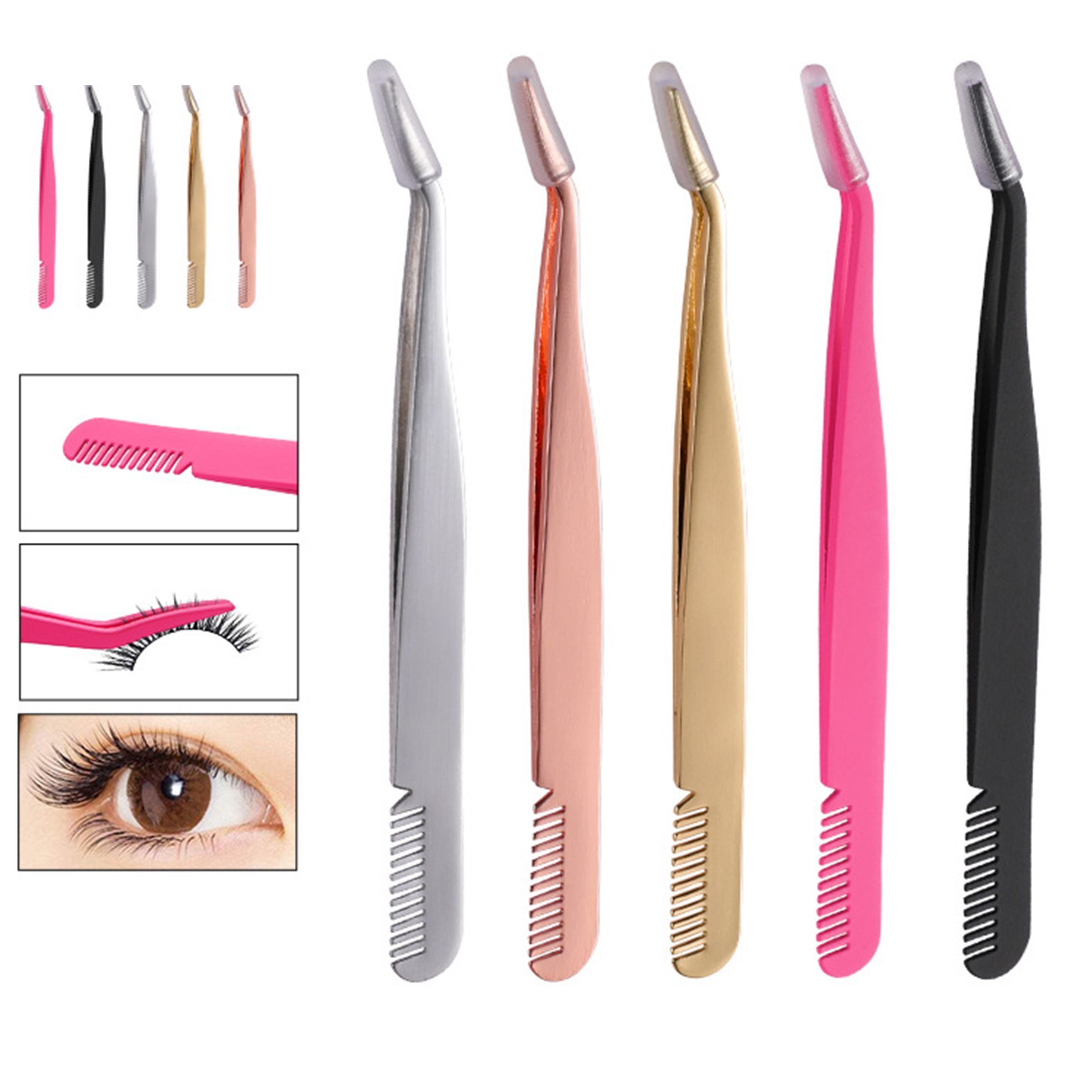 HIYRCH STORE Beauty Tool Curved Pointed Tweezers Pinzette Clip Double Eyelids Professional Eyebrow Tweezer Tweezers for Eyelash Extension Stainless Steel Eyebrow Brush Comb