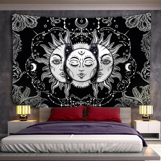 Tấm thảm Mandala trắng đen trời và tấm thảm mặt trăng treo tường Tarot