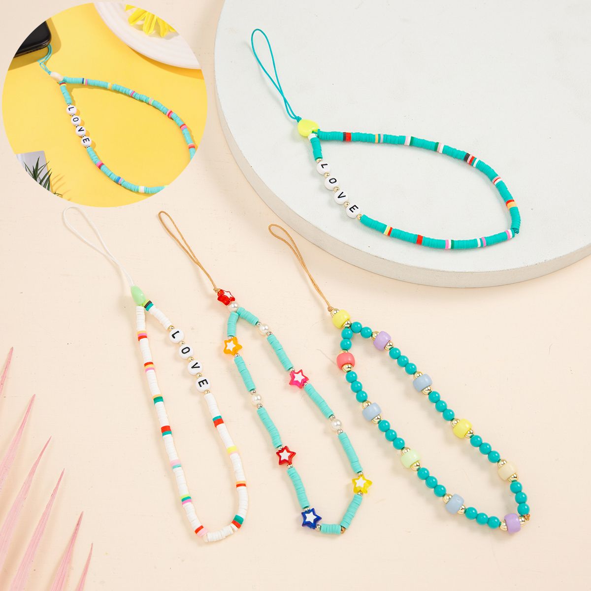 QIANGNAN6 New Anti-Lost Acrylic Bead Women Mobile Phone Strap Lanyard Phone Chain Soft Pottery Rope Cell Phone Case Hanging Cord