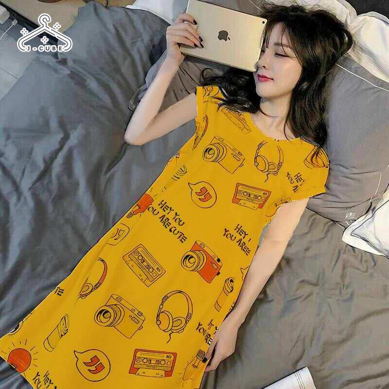 J-Cube ชุดนอนผู้หญิงผ้าฝ้ายกลางคืนกระโปรงผู้หญิงแขนสั้นชุดเกาหลีการ์ตูนบริการชุดนอนผ้าไหมนม