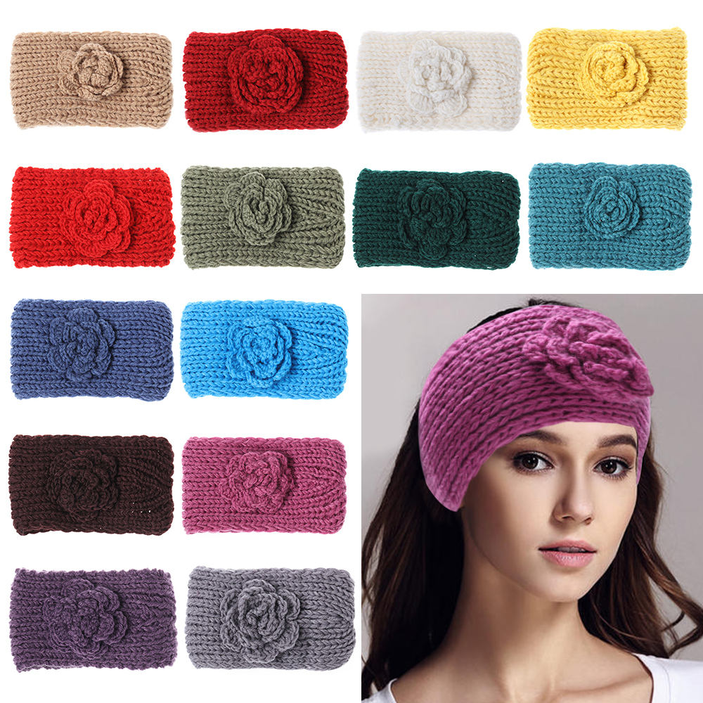 F8C503Y Winter Flowers Warm Camellia Hair Accessories Head Wrap Knit Hair Band Ear Warmer Headbands Wide Hairband