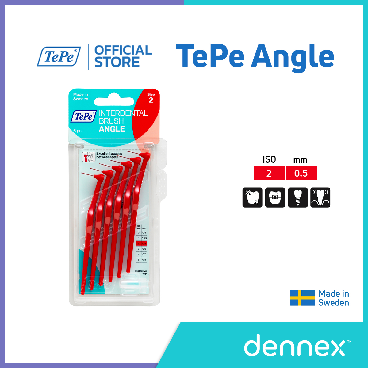 TePe Angle แปรงซอกฟัน ด้ามยาว แปรงซอกฟันเทเป้ แองเกิ้ล คละสี แพ็ค 6 ชิ้น by Dennex