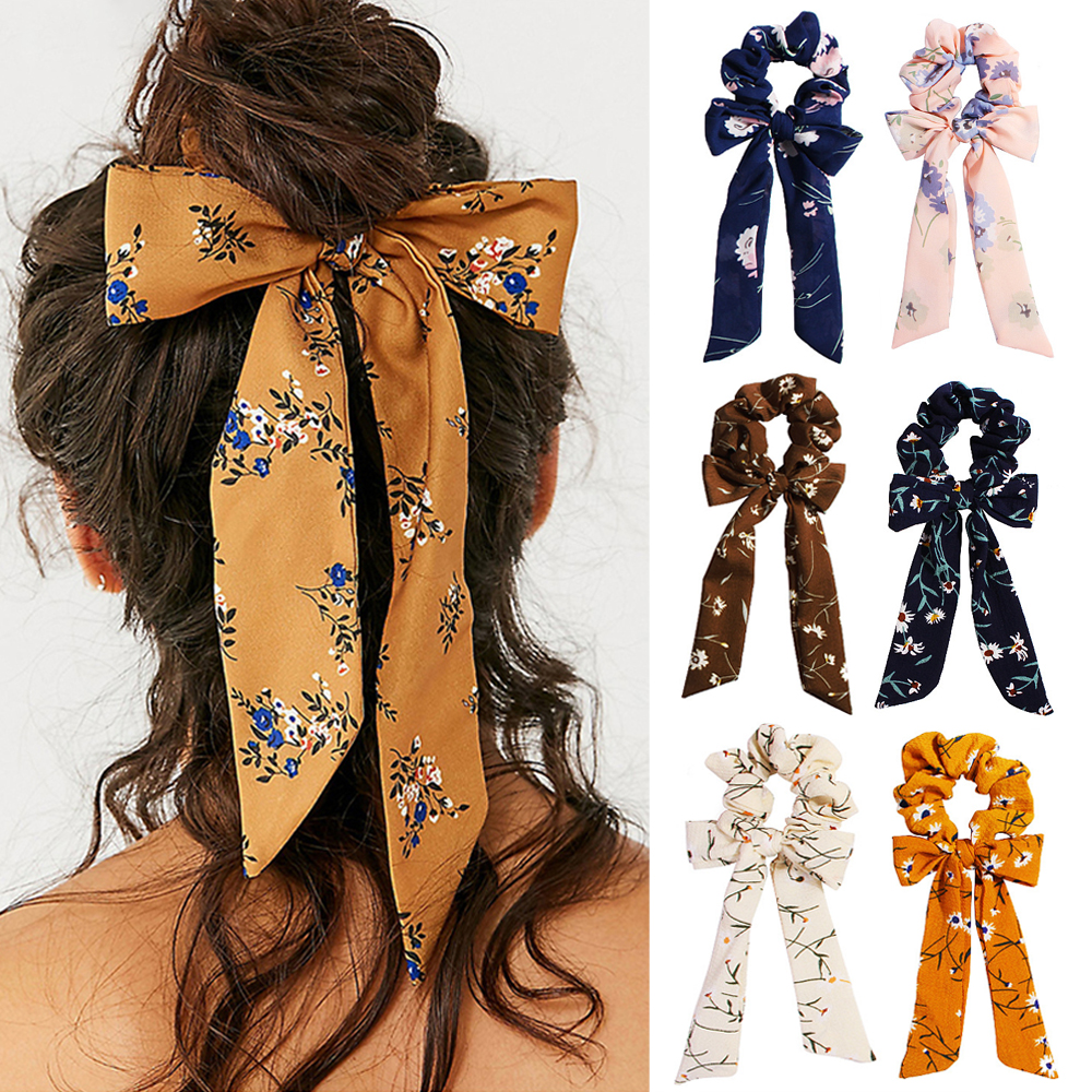 F8C503Y Summer Girls Hair Rope Ponytial Holder Headbands Bow Streamers Hair Ring Floral Print Scrunchie Elastic Hairbands
