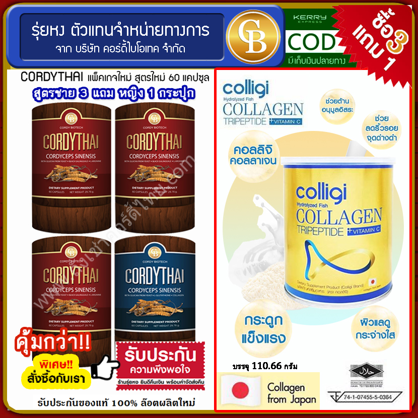 (โปรโมชั่นCordythai 3 เเถม 1) ถั่งเช่า คอดี้ไทย สูตรชาย 3 หญิง 1 กระปุก (บรรจุ 60 เเคปซูล) ฟรี อมาโด้ คอลลีจิไฮโดรไลซ์ฟิช คอลลาเจน 1 กระป๋อง