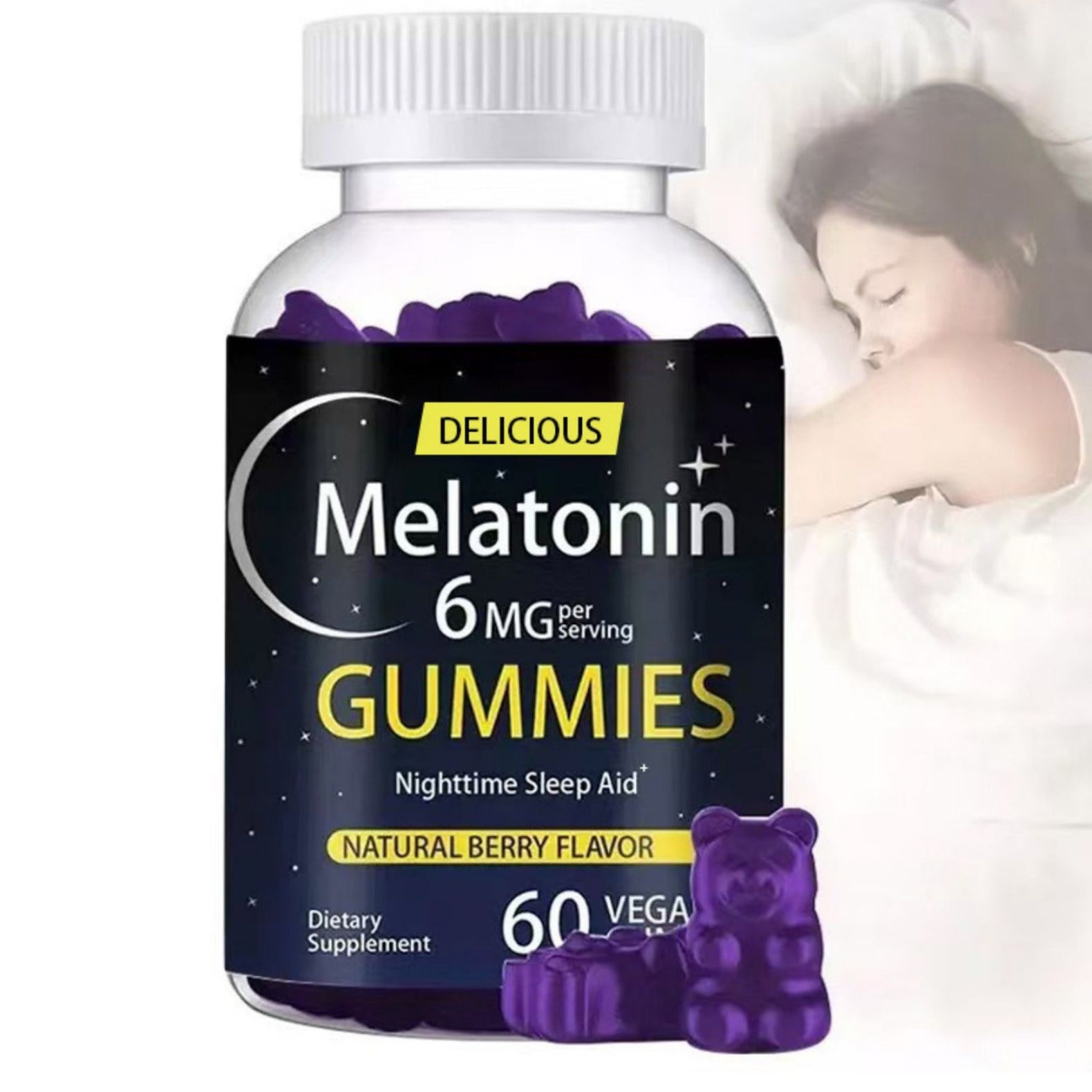 Melatonin 6 mg Fast Dissolve Gummies u2013 Nighttime Sleep Aid, Natural Berry Flavor, Vegetarian, Non-GMO, Gluten-Free, 60 Gummies