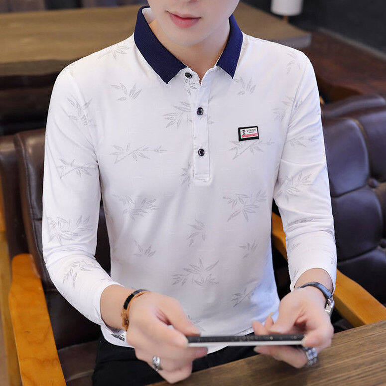 ผู้ชายแขนยาวTปกแบบบางสไตล์เกาหลีPOLOเสื้อเชิ๊ต